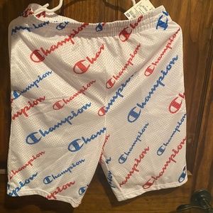 Champion Boys White All Over Logo Print Mesh Pockets Lined Athletic Shorts Sz L